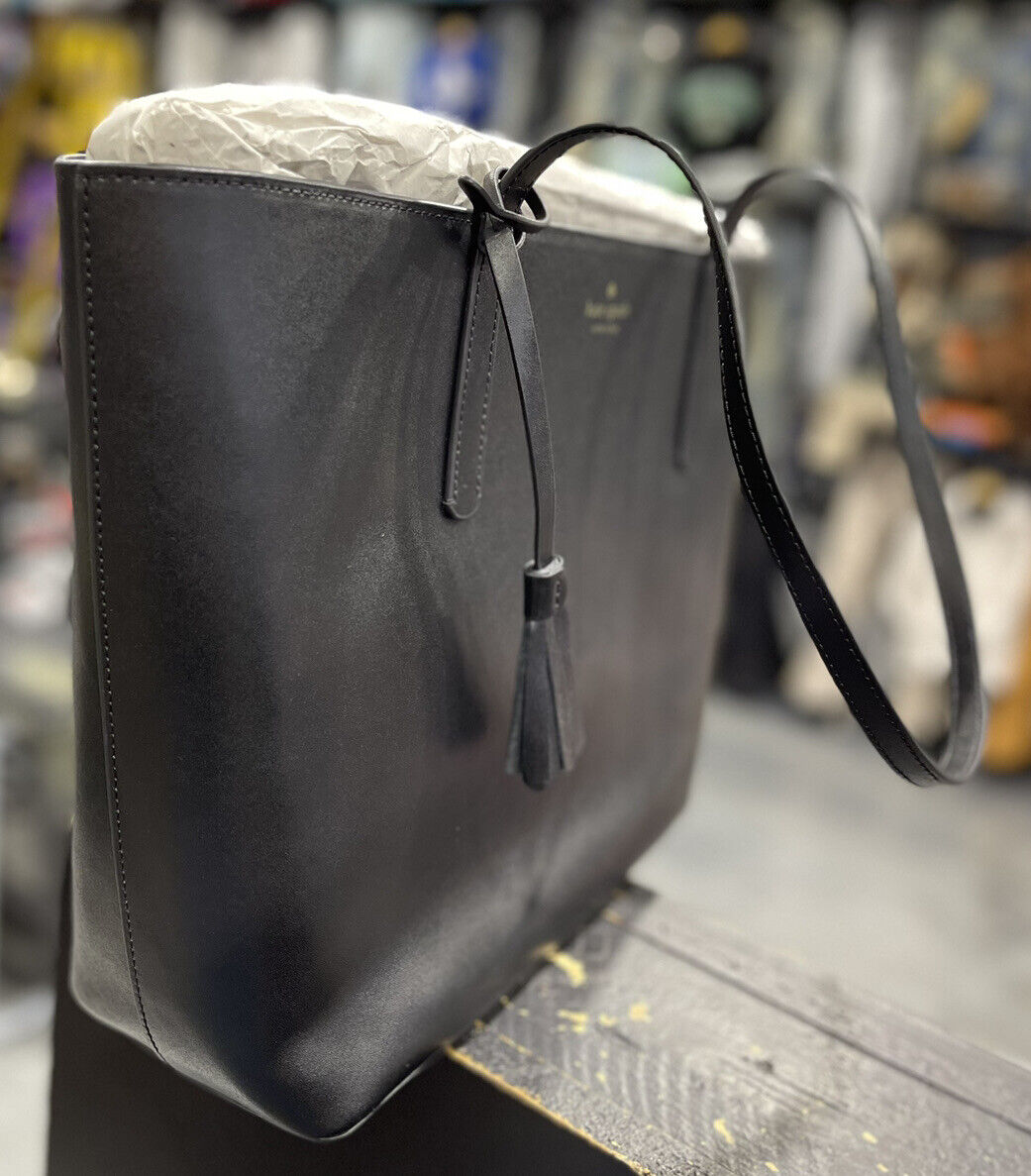 KATE SPADE EMILIA Tote Black Smooth Leather Shoulder Bag Tassel WKRU6984 New