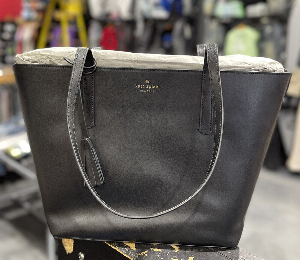 KATE SPADE EMILIA Tote Black Smooth Leather Shoulder Bag Tassel WKRU6984 New