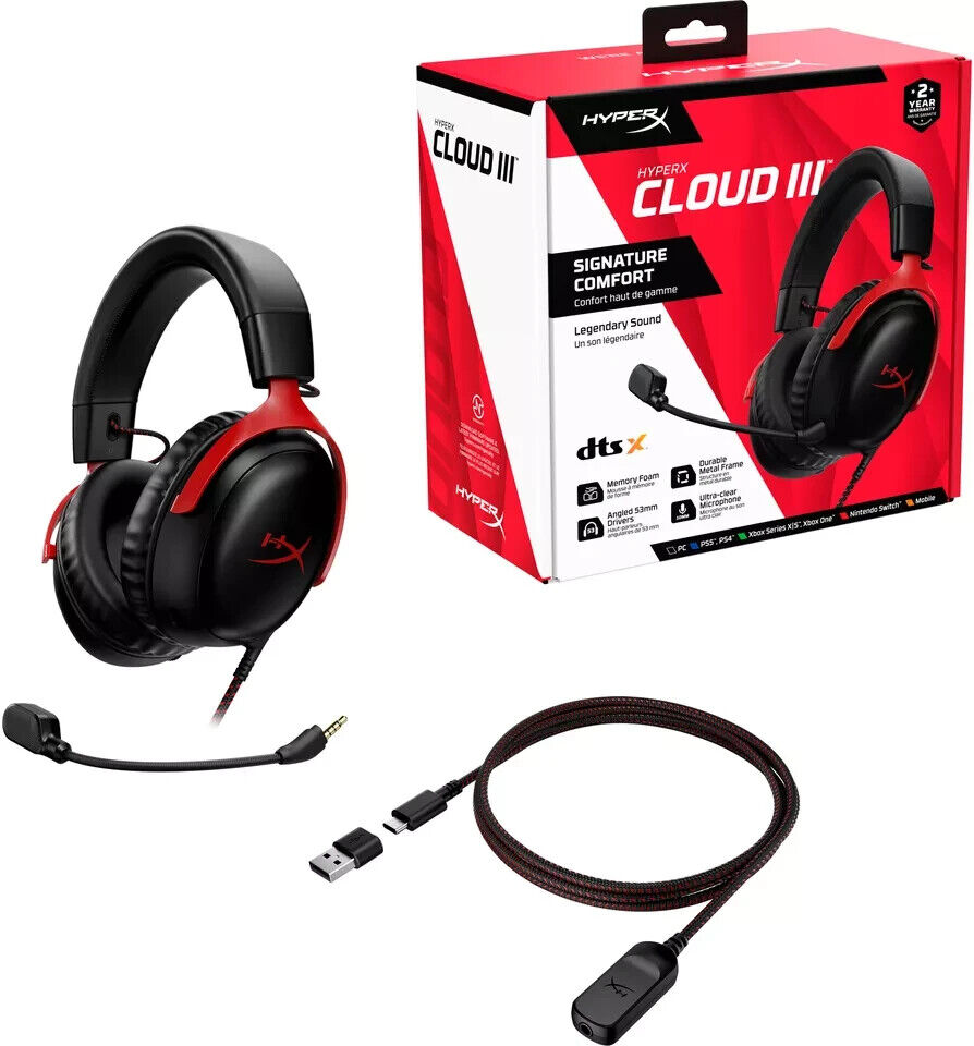 NEW - HyperX Cloud III Wired Gaming Headset (Black/Red) PS4 PS5 PC XBOX - SEALED