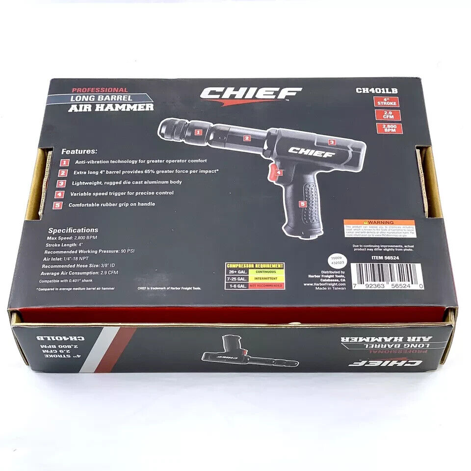 Chief CH401LB Professional Long Barrel Air Hammer Black 4" Stroke 2800 BPM 56524