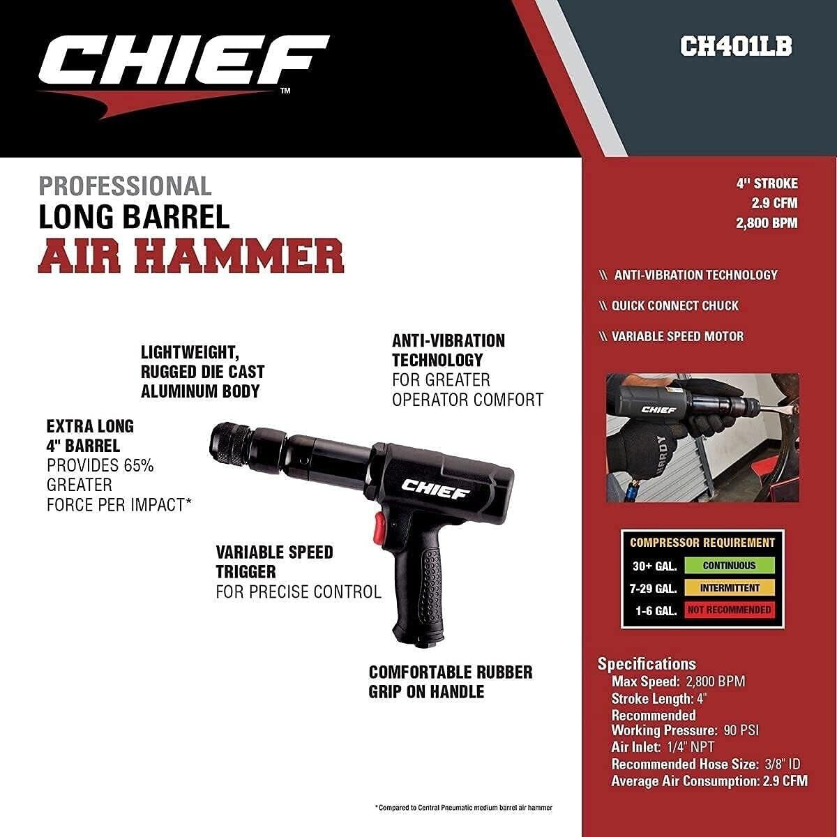 Chief CH401LB Professional Long Barrel Air Hammer Black 4" Stroke 2800 BPM 56524