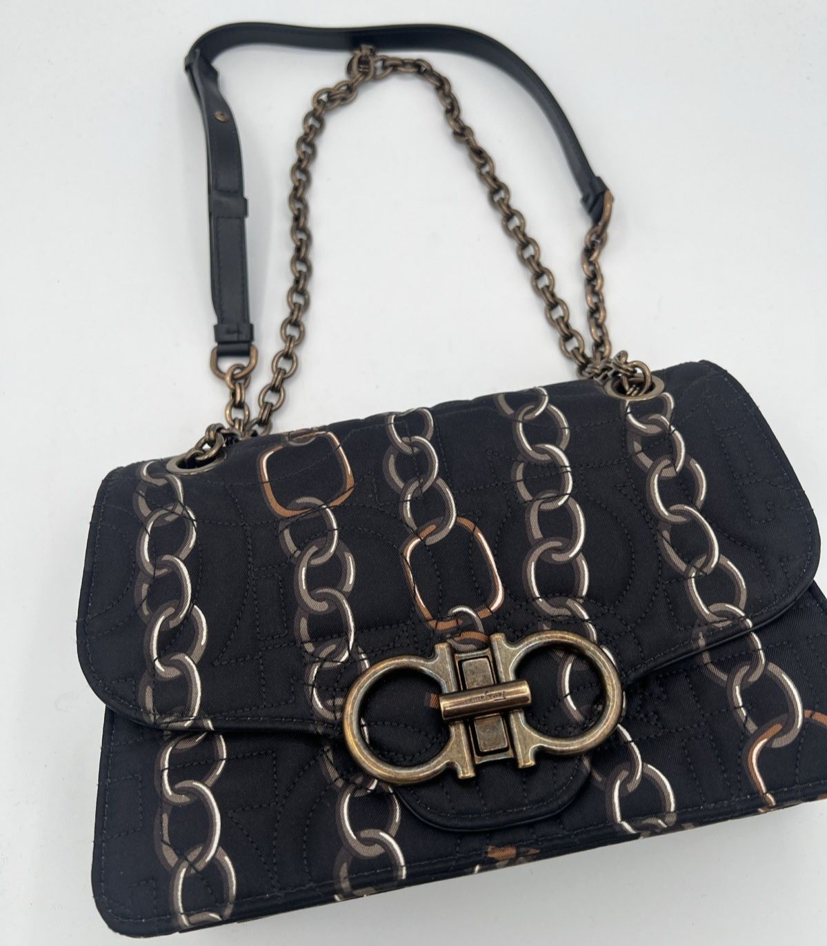 Salvatore Ferragamo Gancini Turnlock Flap Bag Quilted Printed Silk Medium