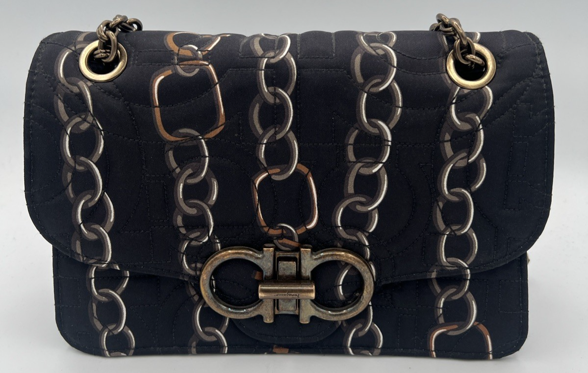 Salvatore Ferragamo Gancini Turnlock Flap Bag Quilted Printed Silk Medium