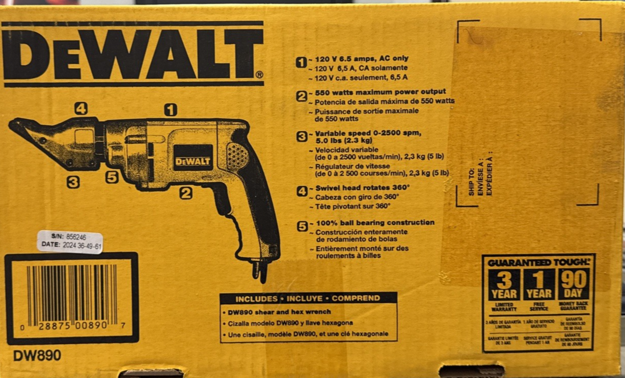 New DEWALT DW890 Variable Speed 18 Gauge Swivel Head Shear