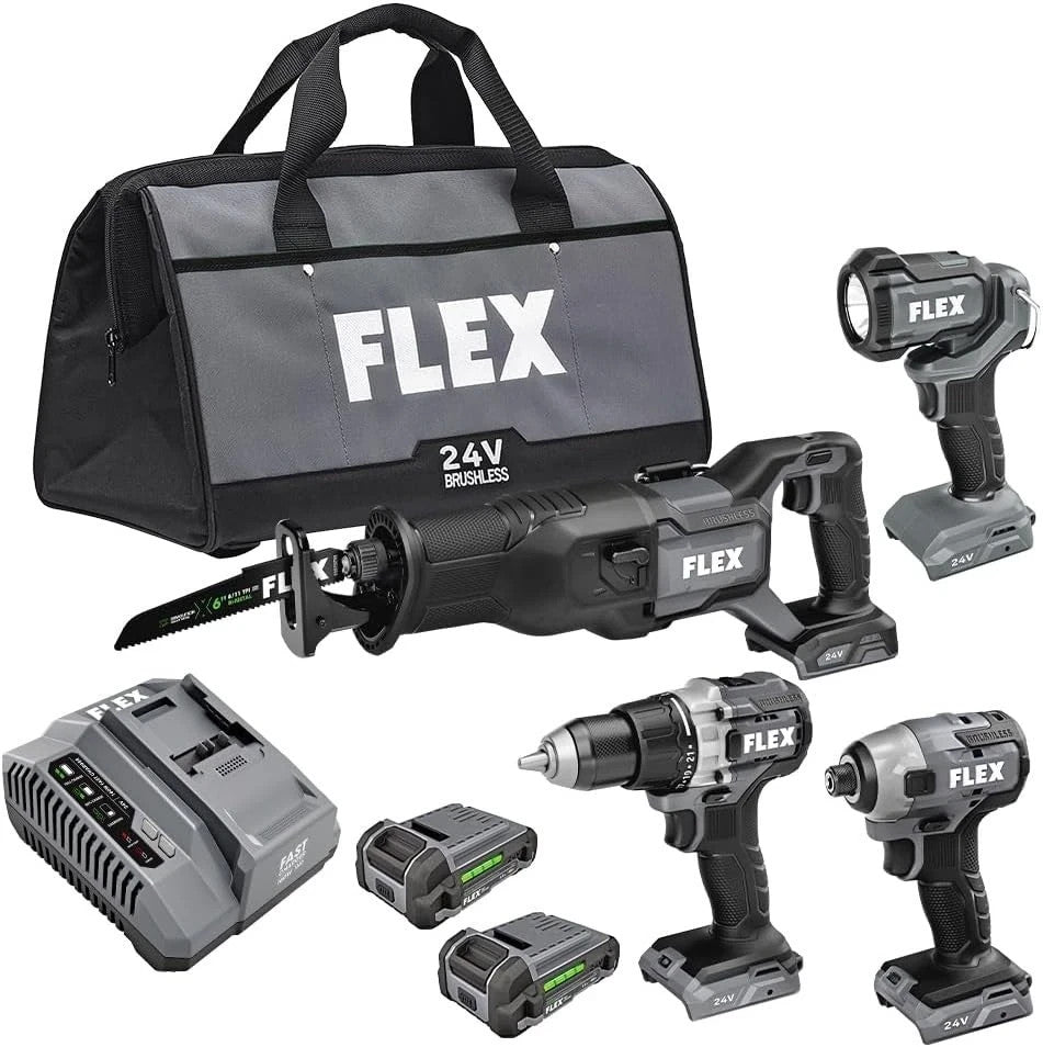 Flex FXM401-2A Impact Driver, Recip Saw, Drill Driver & Work Light 4-Combo Kit