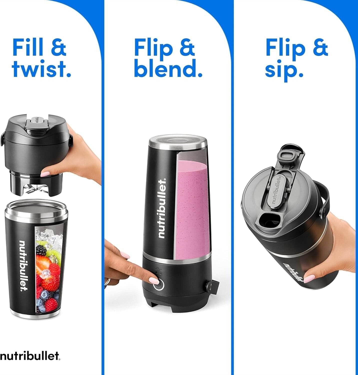 New! Nutribullet Flip Insulated Portable Blender in Brushed Stainless Steel