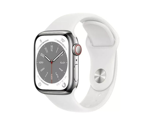 Apple Watch Series 8 41mm Silver Stainless Steel Case, White Sport Band, M/L NEW